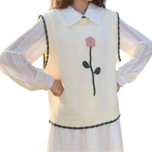 Knit Sleeveless Cream Sweater Vest w Pink Embroidered Flower + Green Edging